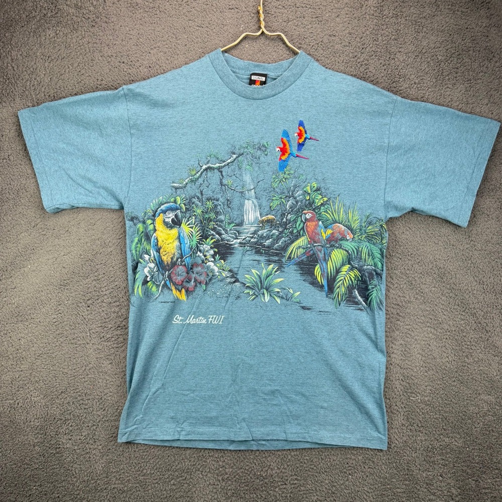 Vintage 90s Signal Sport St Martin FWI Parrot Graphic T-Shirt XXL Blue Heather